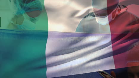 healthcare professionals working over italian flag, symbolizing medical efforts in animation