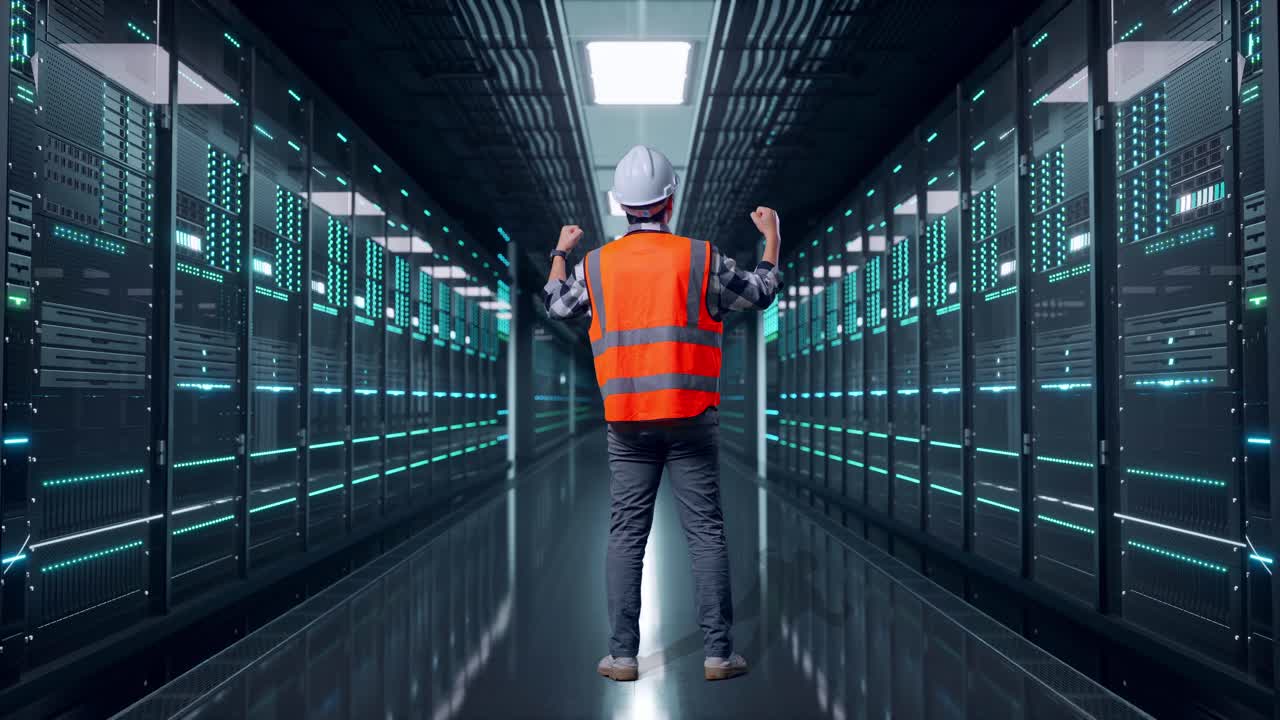 Full Body Back View Of A Male Engineer With Safety Helmet Raising His Hands Celebrating While Working in Server Room Data Center