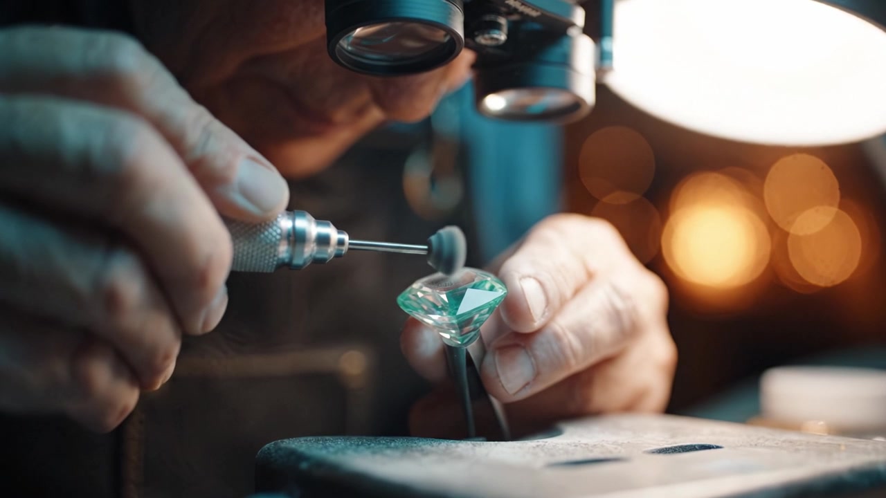 Maestro artigiano che lucida una gemma con strumenti di precisione sotto una luce da lavoro brillante in un'officina artigianale.