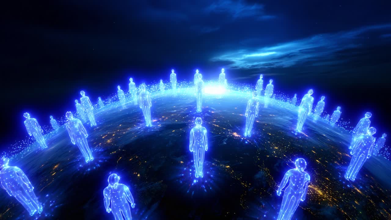 Futuristic Digital Landscape Featuring Transparent Glowing Silhouettes on a Global Sphere, Illuminated by a Radiant Horizon, Illustrating a Vision of Connection and Unity Across the World