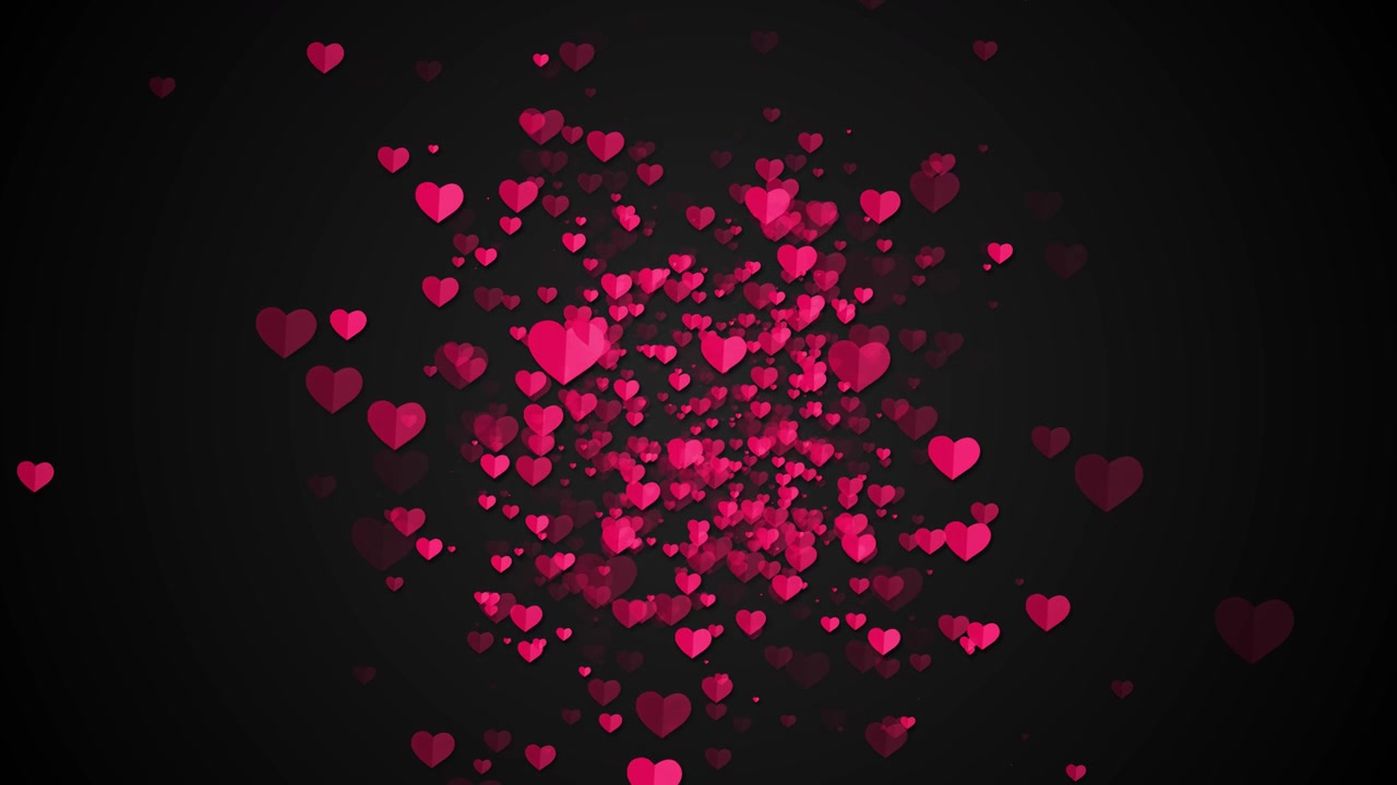 Sfondo rosa con gruppo di cuori, simboli romantici fluttuanti, ombra morbida, movimento luminoso di San Valentino, atmosfera d'amore