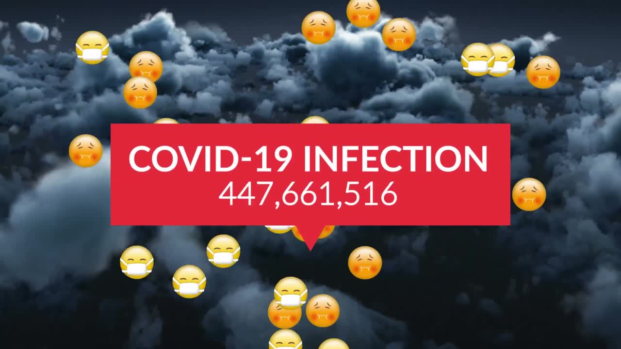 animación de texto de infección por covid 19 y número creciente con emojis sobre nubes