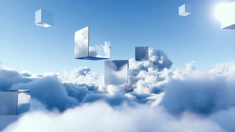 floating metallic cubes above a sea of clouds