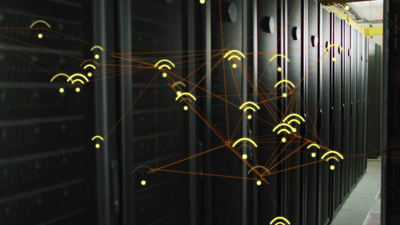 Animated network mesh forming over server cabinets, icons appearing and pulsing to show data flow