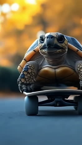 turtle skateboarding on a sunny path. a turtle rides a skateboard through a sunny tree-lined path, showing off its adventurous spirit.
