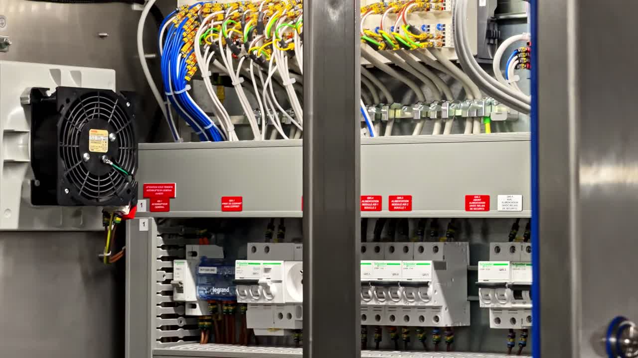 Panel de control industrial con cableado, enfocado en cables y conexiones.