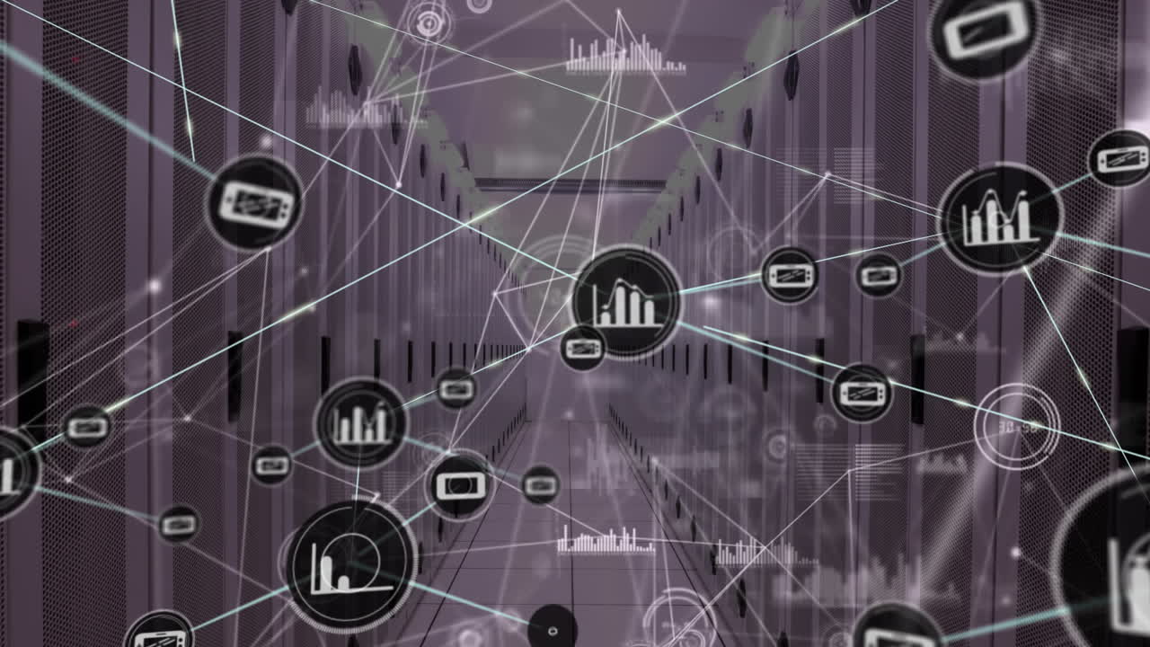 animación de la red de conexiones con iconos y procesamiento de datos a través de servidores informáticos
