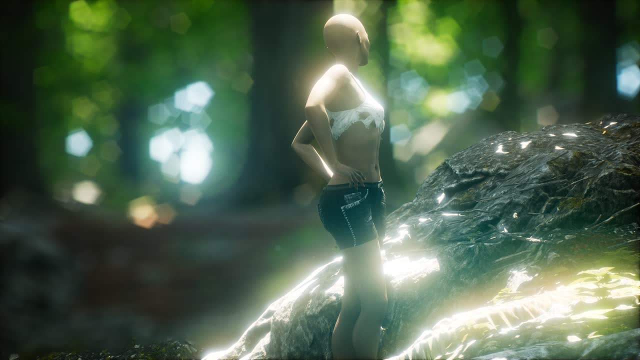 mujer joven con camiseta rasgada en el bosque verde