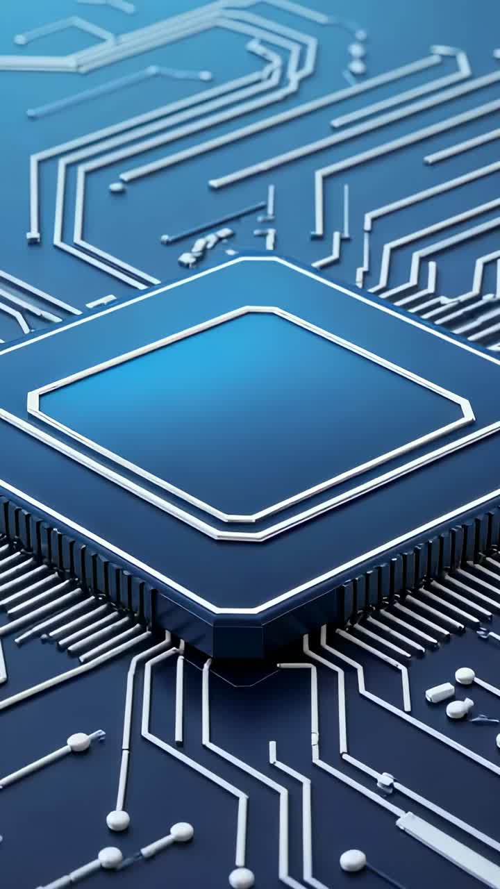 Vertical video: Camera rotating and zooming around chip on PCB, showing silver traces, solder balls