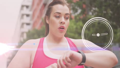 animation of data processing over plus size caucasian woman exercising in city street