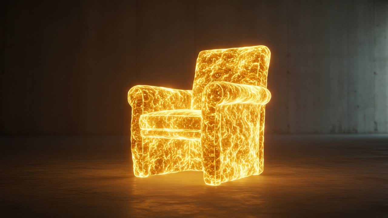 A Glowing Armchair: Captivating Visuals of a Chair Illuminated by Radiant Fire-Like Texture in a Dramatic Interior Setting