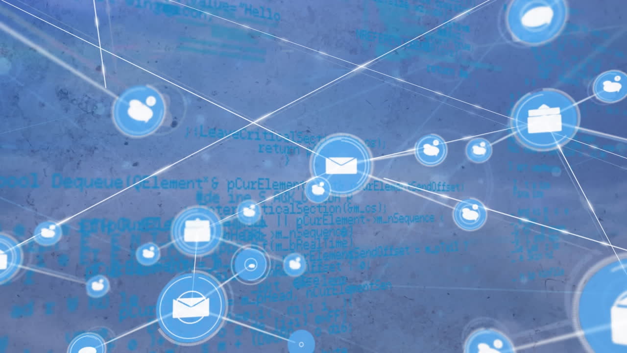Animation of network of connections with icons on blue background