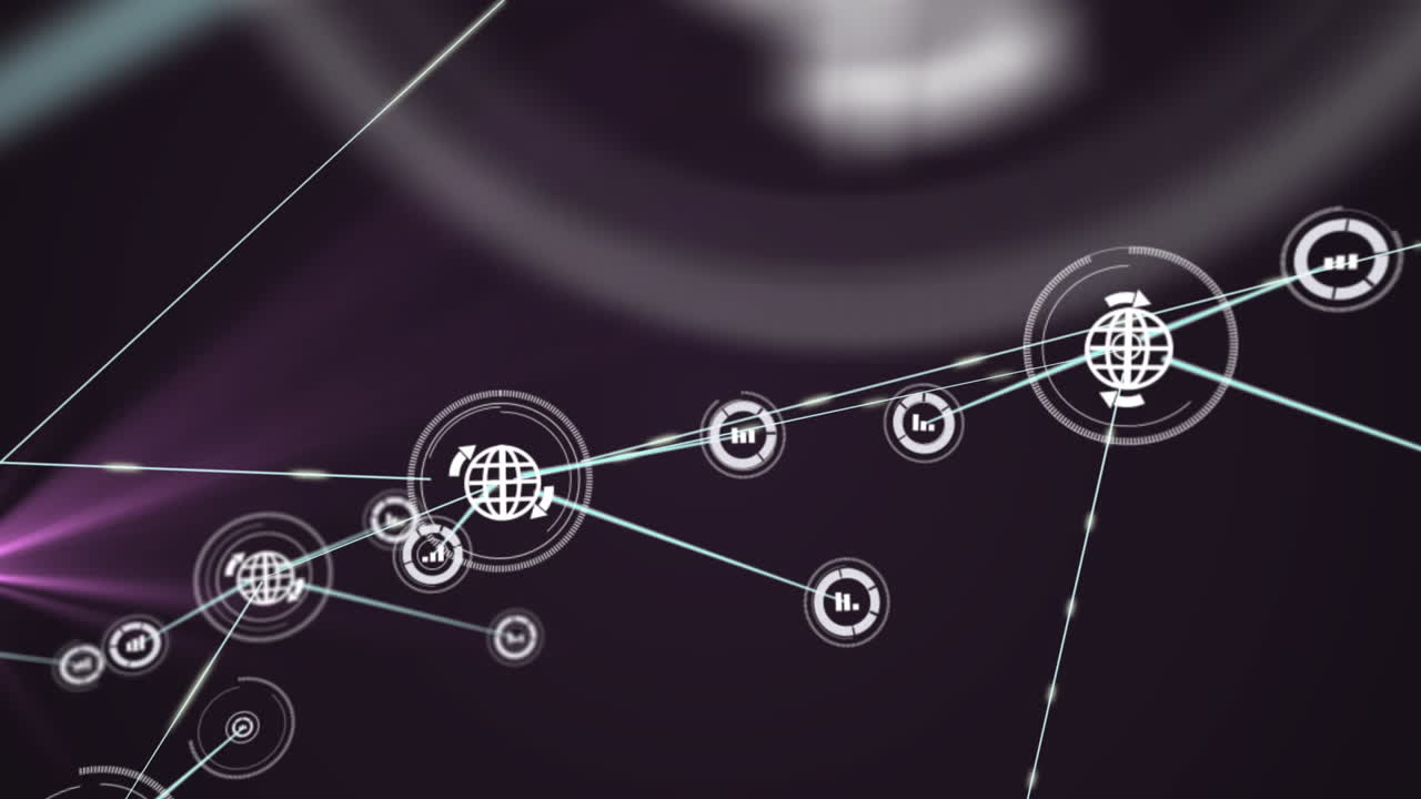 Animation of network of digital icons over purple light spot against black background