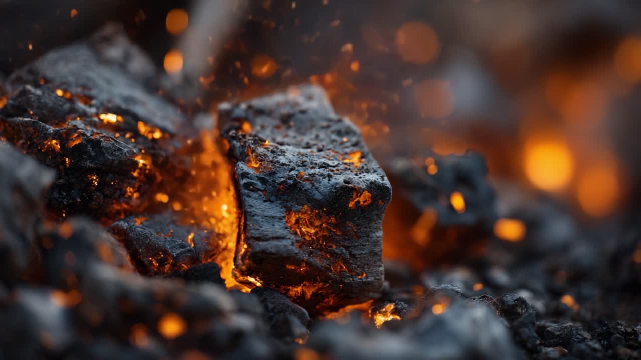 Fesselnde Nahaufnahme glühender Glut: Einblick in die Schönheit und Kraft des Feuers in Bewegung, das durch flackernde Funken Hitze und Energie abstrahlt