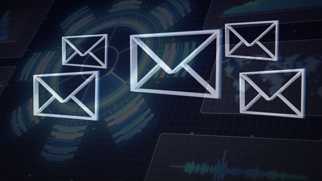 цифровая анимация нескольких значков сообщений, плавающих на круглом сканере на синем фоне