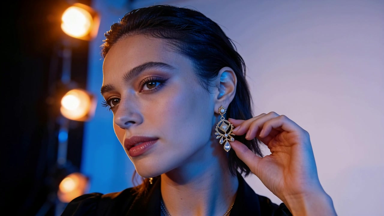 Modella che tiene un grande orecchino d'oro, indossando un blazer nero e sistemando un ciondolo per un ritratto in studio.