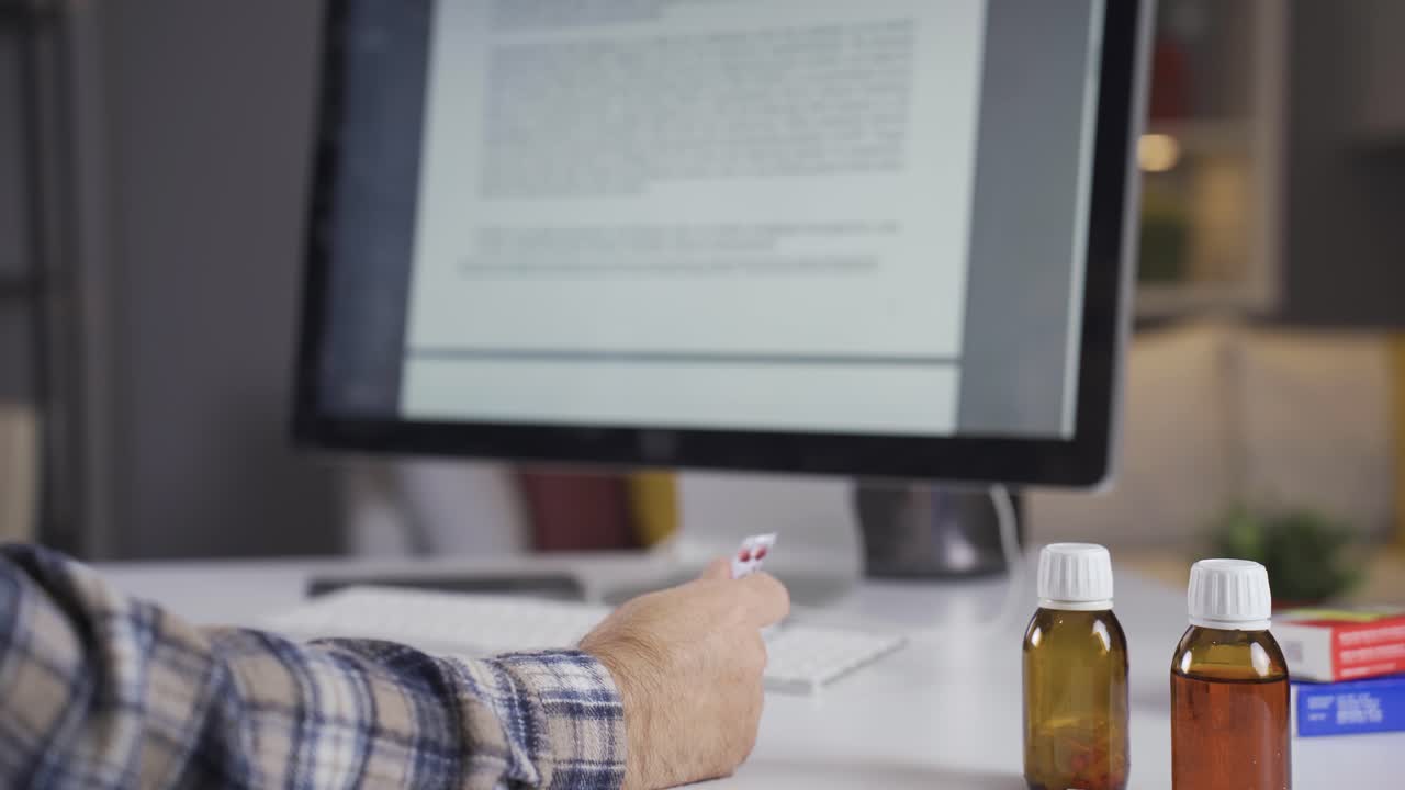 Pharmaceutical prospectus. The sick man is reading the medicine's instruction manual.