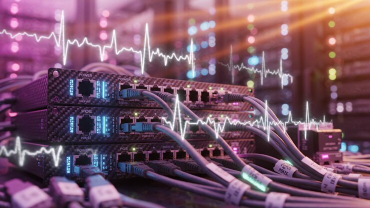Advanced Network Infrastructure: High-Tech Servers and Data Cables Illuminated in a Modern Data Center with Vibrant LED Indicators and Signal Waveforms