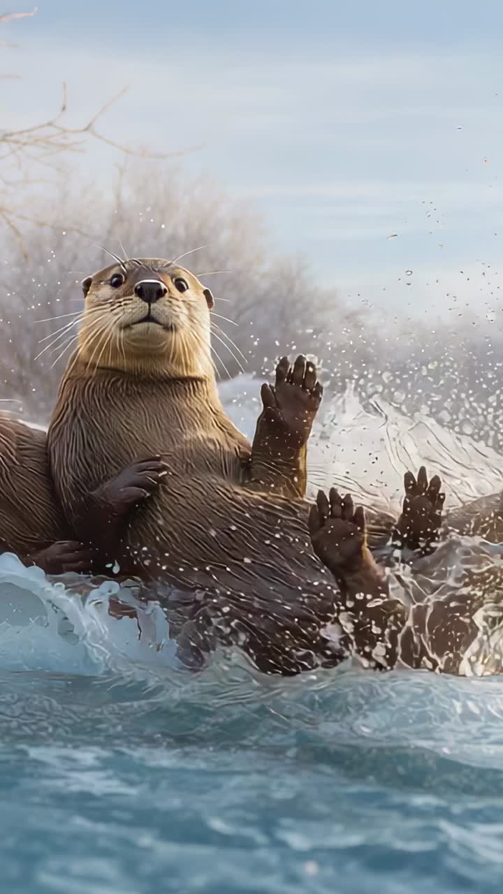 Video verticale: lontra che si raddrizza appoggiandosi al bordo del ghiaccio mentre gli spruzzi del fiume la incitano a stabilizzarsi, cumulo di neve, cespugli