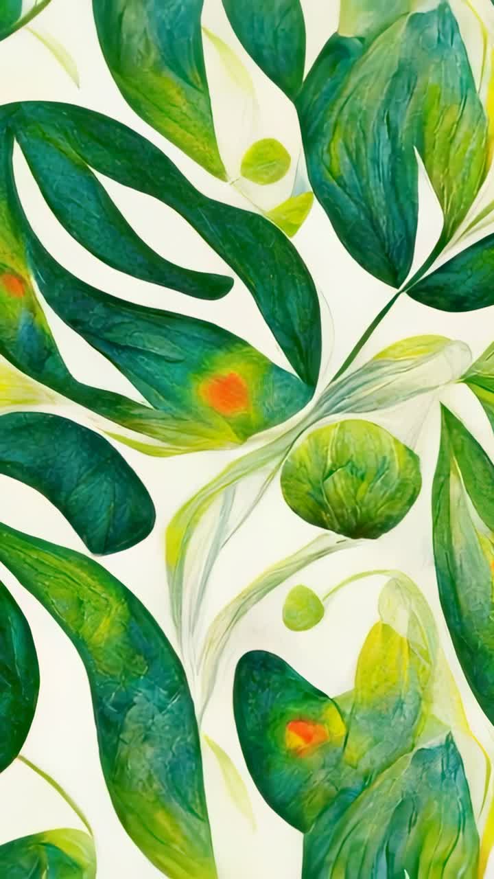 Vertical video: Panning camera down gallery wall art, revealing green leaves and red-orange pods