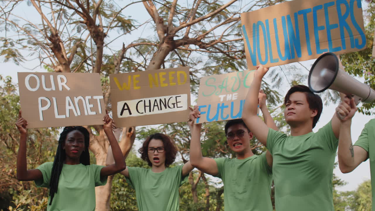 Five Diverse Zoomers Protesting against Ecology Pollution