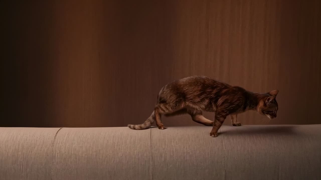 Walking brown tabby cat moving across light-gray sofa at home, inspecting seat to descend