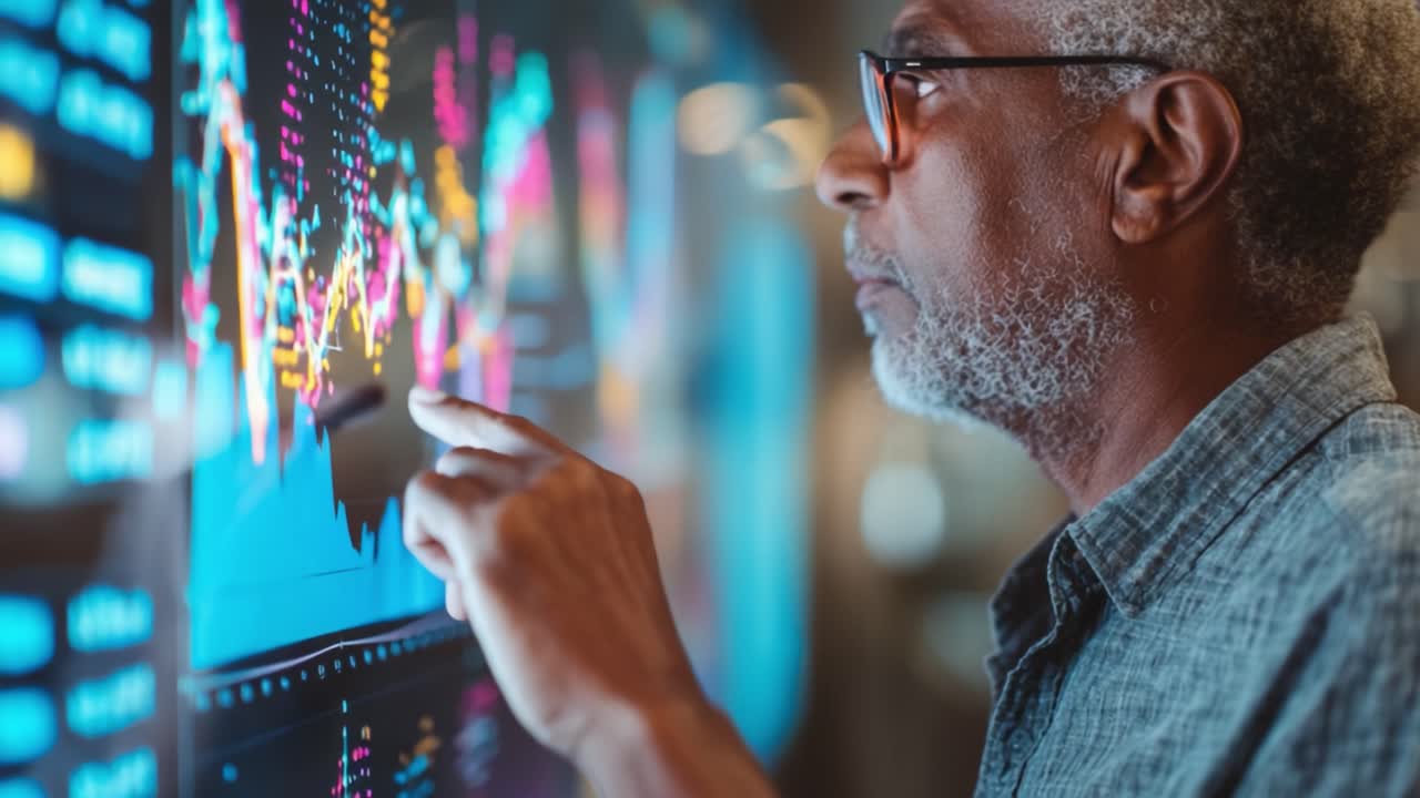 A Focused Professional Analyzing Data Trends on a High-Tech Interactive Display, Demonstrating Insightful Decision-Making Through Visual Analytics in a Modern Workspace
