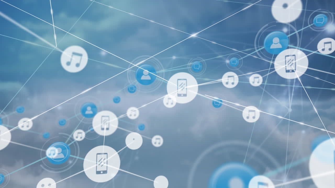 클라우드 상의 디지털 아이콘으로 연결 네트워크의 애니메이션