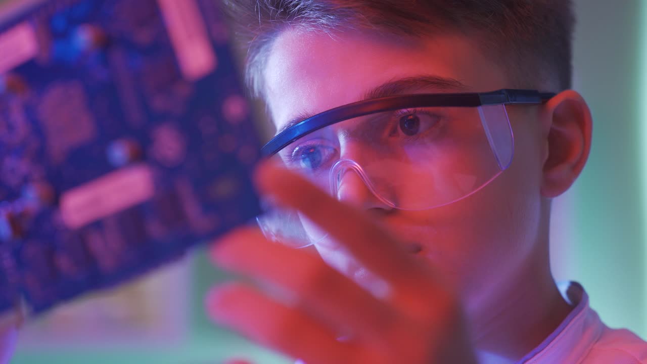 Little boy examining computer part with amazed and confused expression.