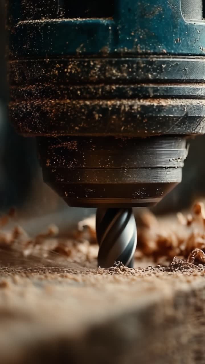 Primo piano di una punta da trapano che lavora il legno, catturando il dettaglio intricato dei trucioli e la precisione delle moderne tecniche di lavorazione
