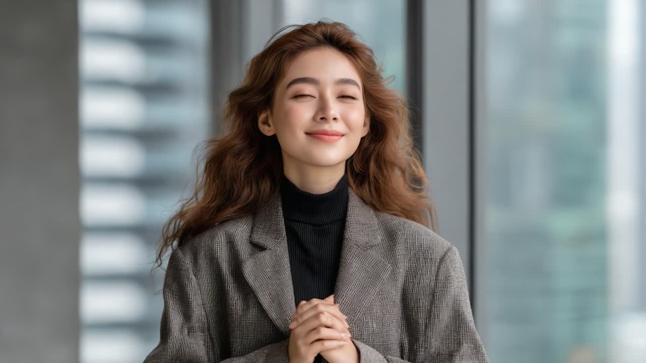 A Young Woman in a Stylish Gray Blazer Smiles Confidently While Standing in a Modern Office Space, Radiating Positive Energy and Self-Assurance