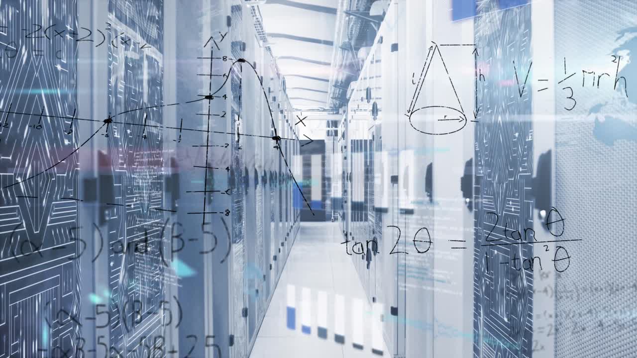 Animation of digital data processing over server room