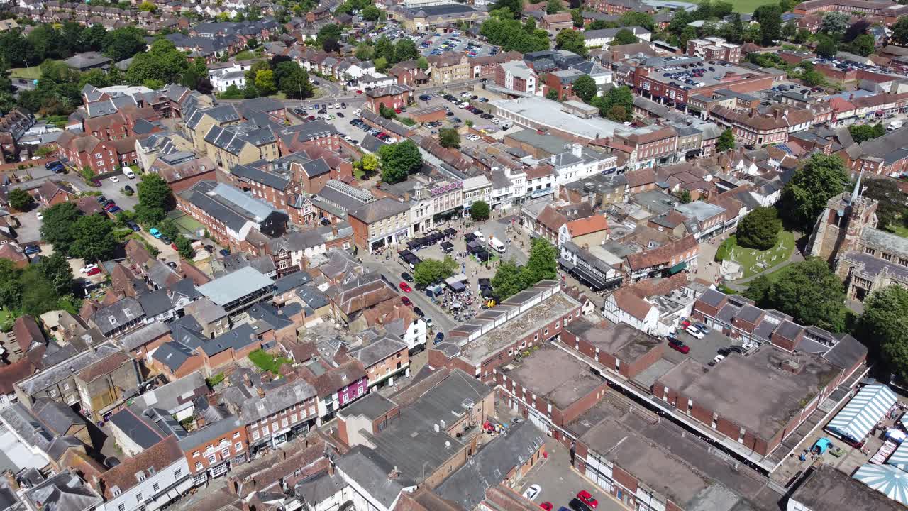 Hitchin Hertfordshire, market town England UK reverse establishing drone aerial view