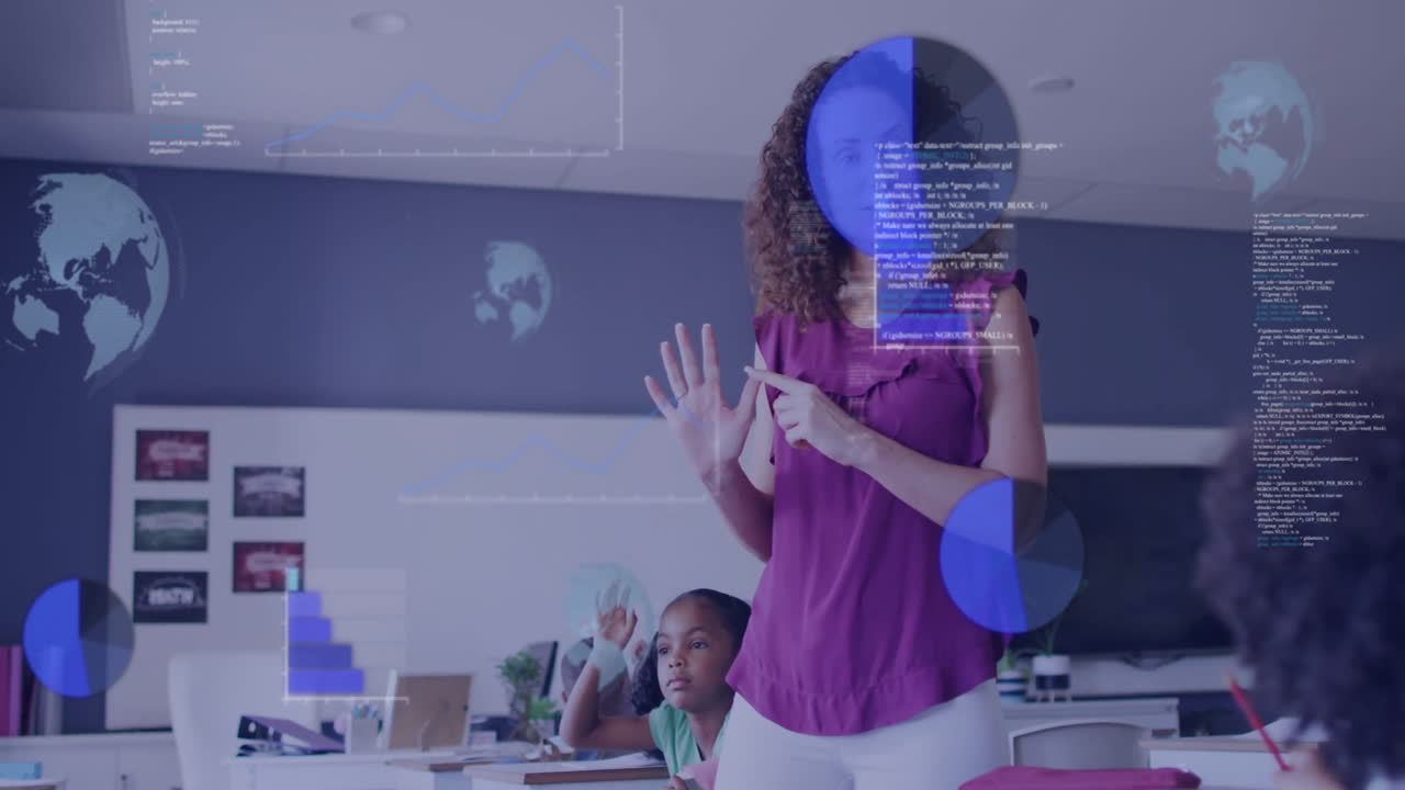animación del procesamiento de datos sobre diversos escolares y maestras en el aula