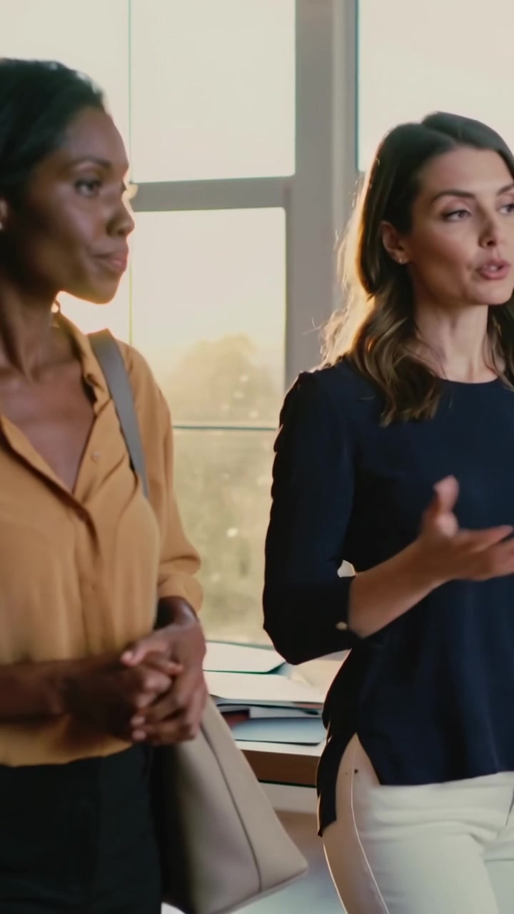 Vertical video: Right woman in blouse speaking, reviewing docs while left woman listening at office