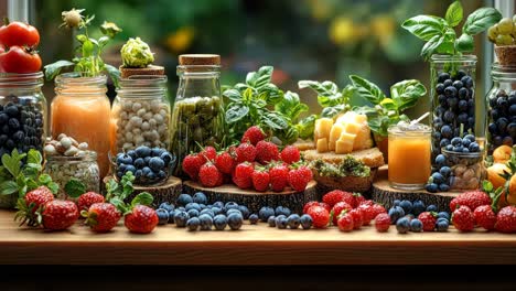 fresh fruits and vegetables arranged beautifully on wooden table