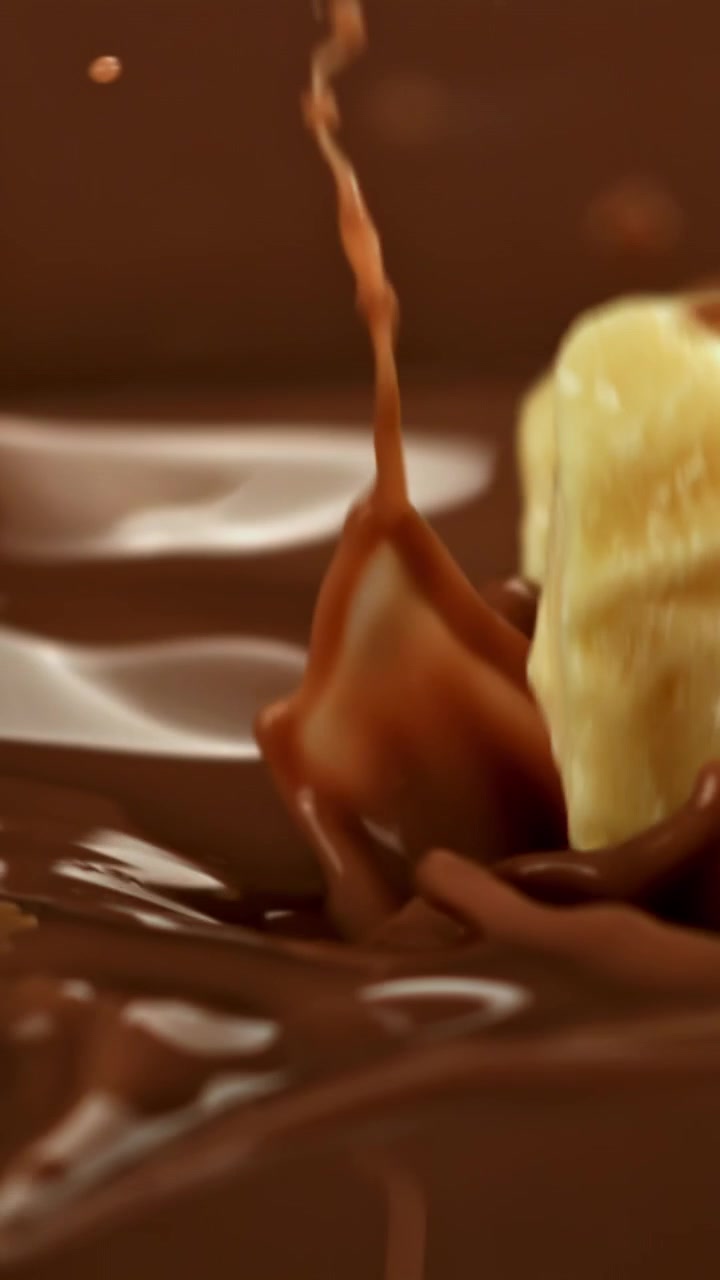 Pezzi di cioccolato bianco che si tuffano nel cioccolato al latte fuso al rallentatore