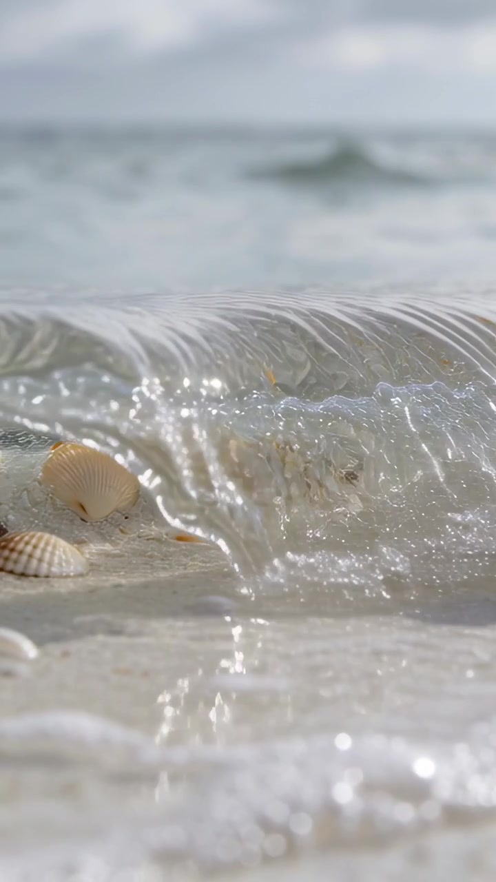 Vertical video: Curling translucent wave moving toward shoreline, incoming swell pushing shells
