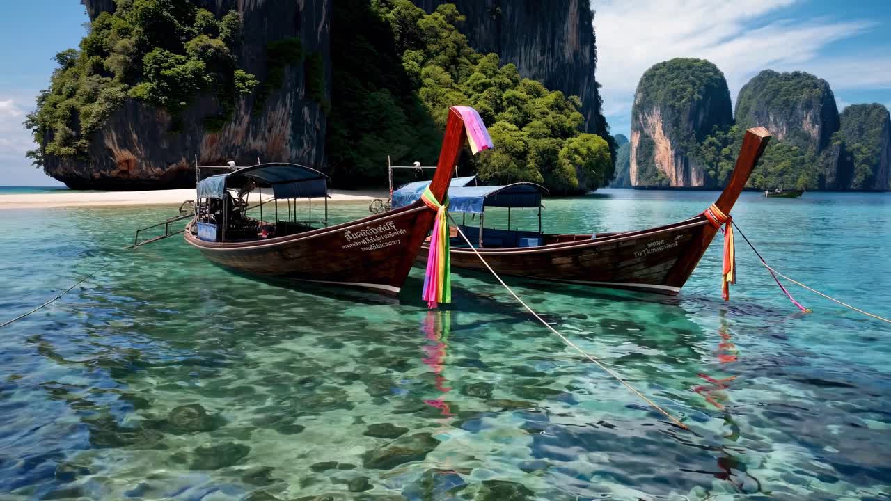 Uma cena de vídeo serena de dois barcos tradicionais em água azul-turquesa cristalina, capturada de um ângulo baixo