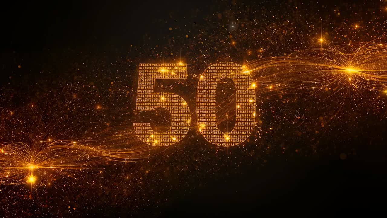 Scia dorata che alimenta un numero 50 stilizzato che si intensifica su uno sfondo scuro, con bagliori a stella