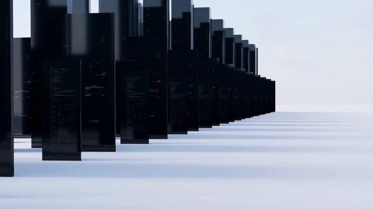 A repeating line of dark rectangular pillars extends from the left foreground into the distant background, forming a strong sense of depth across a clean