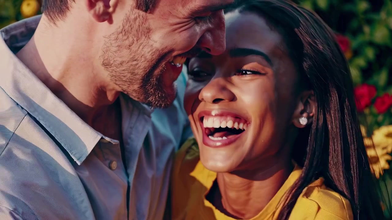 Joyful Couple Sharing a Laugh in a Sunny Garden