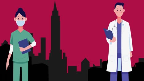 Animation-of-female-and-male-doctors-icons-over-digital-city-on-red-background