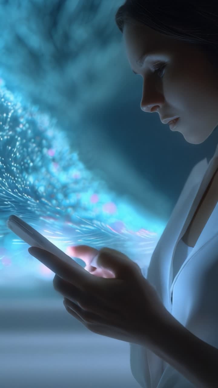 Una donna contemplativa assorta nel suo smartphone, illuminata da una luce digitale eterea, che rappresenta l'intersezione tra tecnologia ed emozione umana in un ambiente sereno.