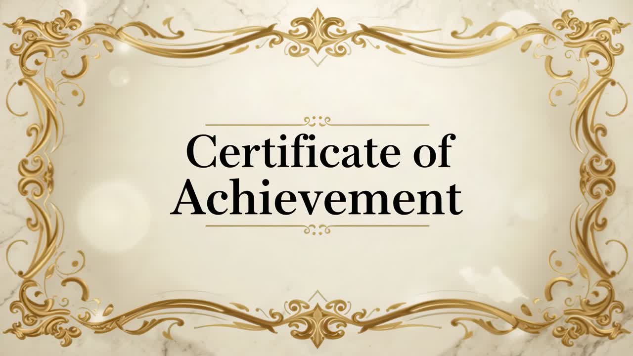 Bokeh moving causing gold trim glinting on marble, Certificate of Achievement glowing for display