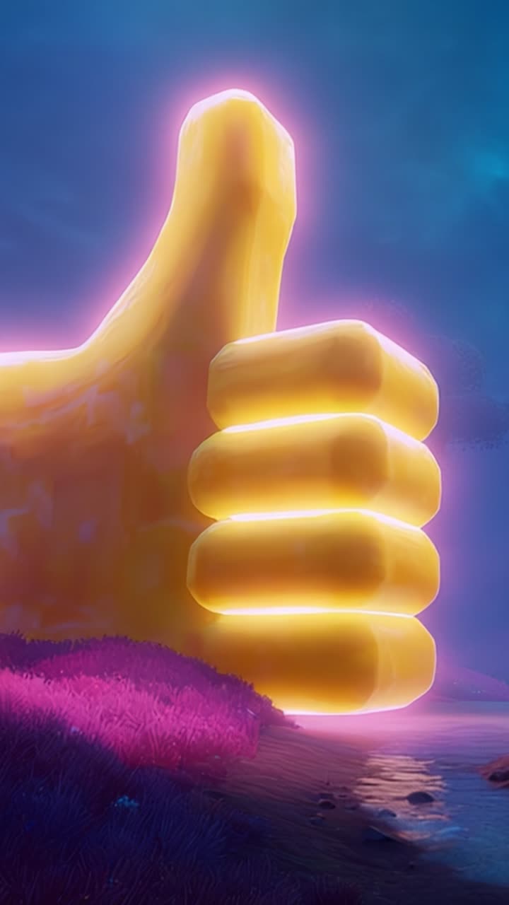 Scultura illuminata di un pollice in su vicino all'acqua al crepuscolo: un simbolo vibrante di positività e approvazione circondato da un paesaggio onirico ed effetti di luce mistici