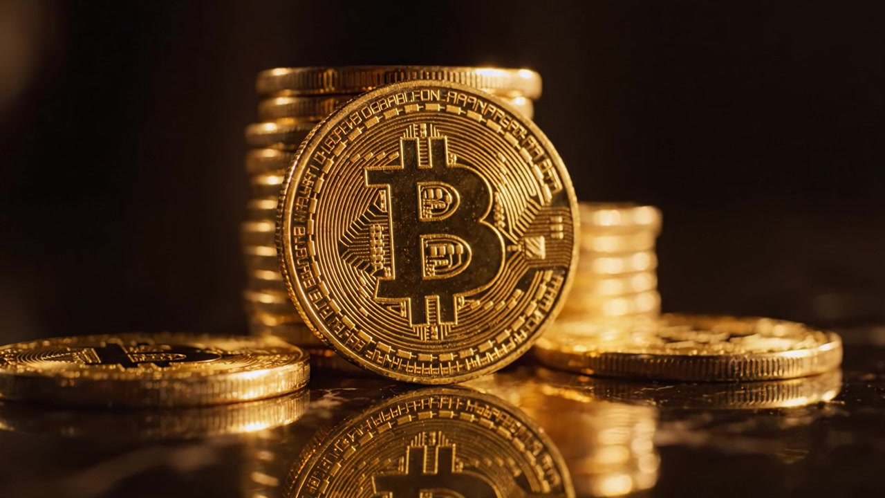 Uma Visão Detalhada de Moedas Bitcoin Refletindo Luz, Retratando a Crescente Importância da Moeda Digital nas Finanças Modernas e Estratégias de Investimento