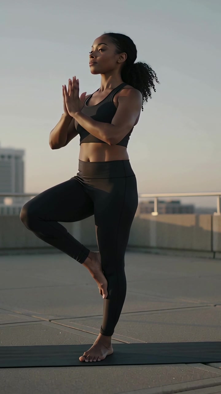Video verticale: Donna in nero che mantiene l'equilibrio sollevando il piede verso l'interno della coscia su un tappetino da yoga sul tetto