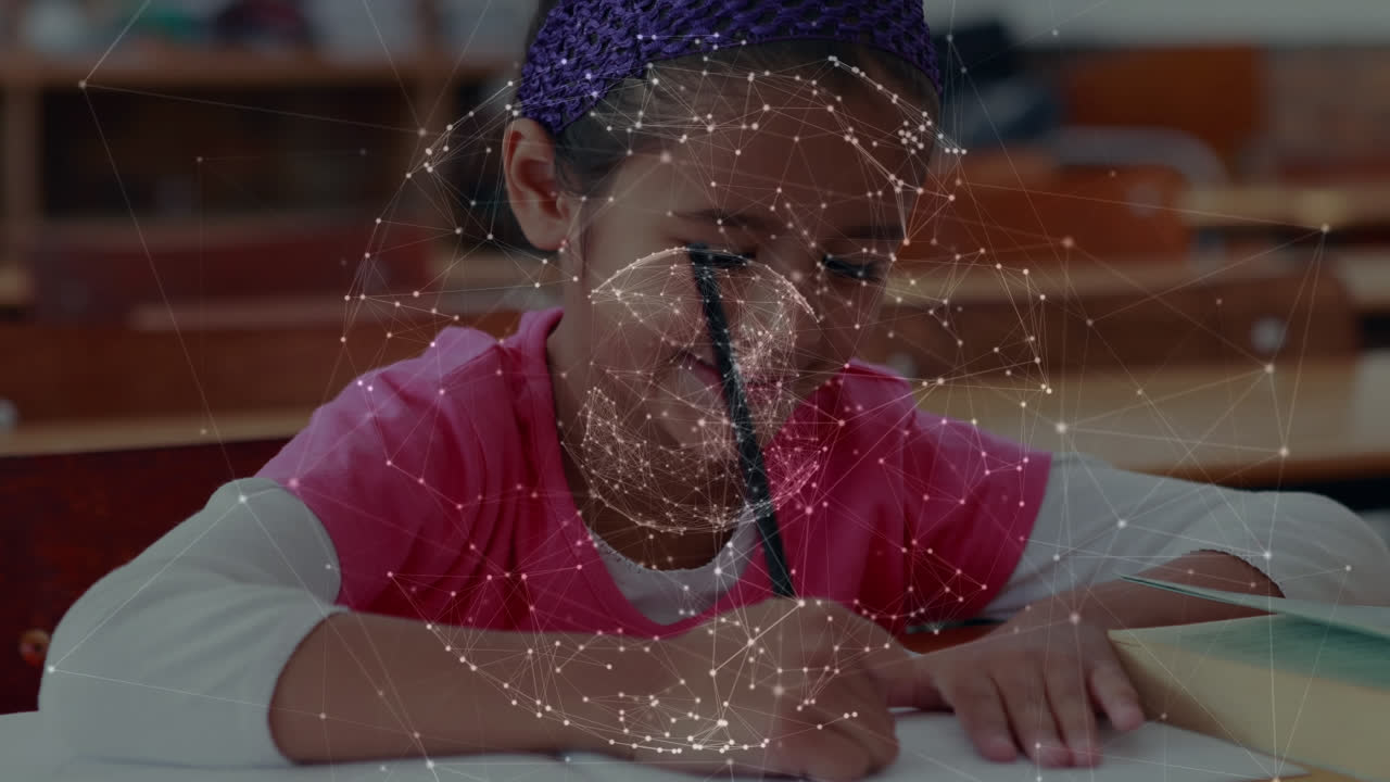 Animation of networks of connections over schoolgirl in classroom