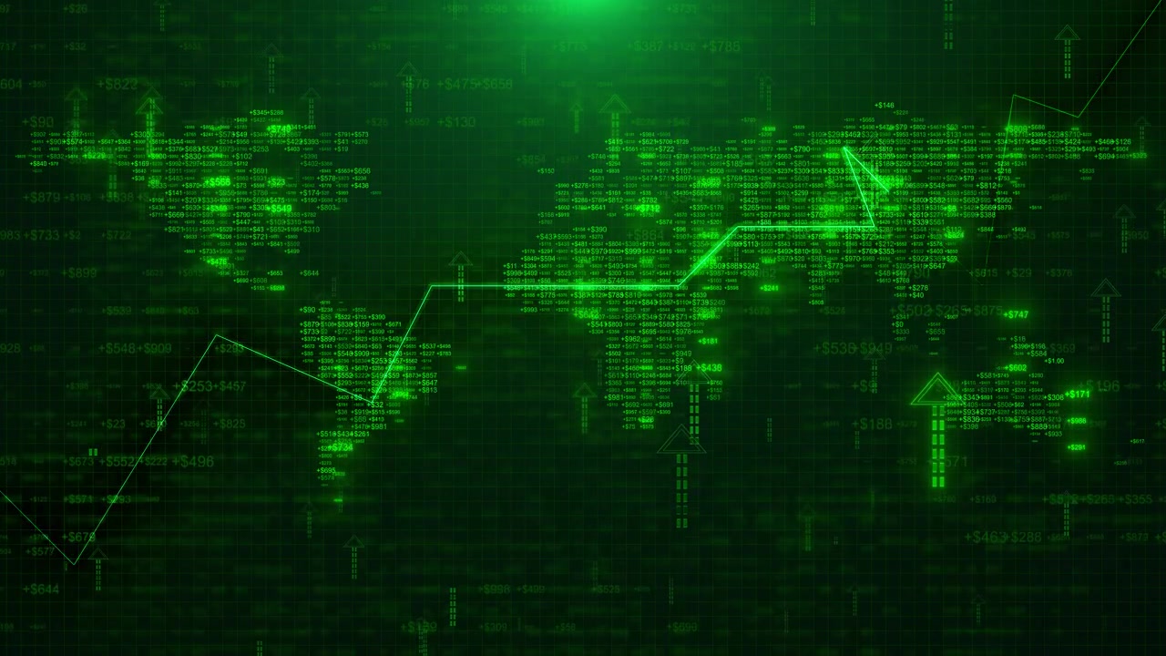 Digital stock market data visual with green world map money values upward arrows and finance chart